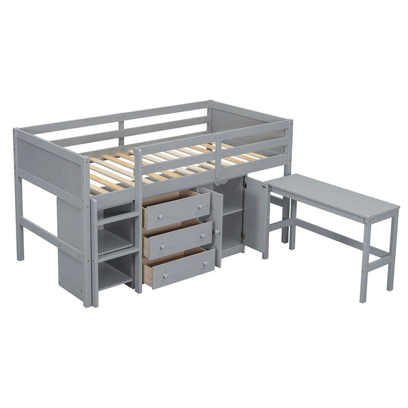 Lit mezzanine double en bois avec bureau coulissant, armoire et étagères