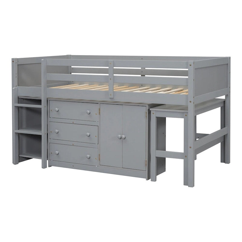 Lit mezzanine double en bois avec bureau coulissant, armoire et étagères