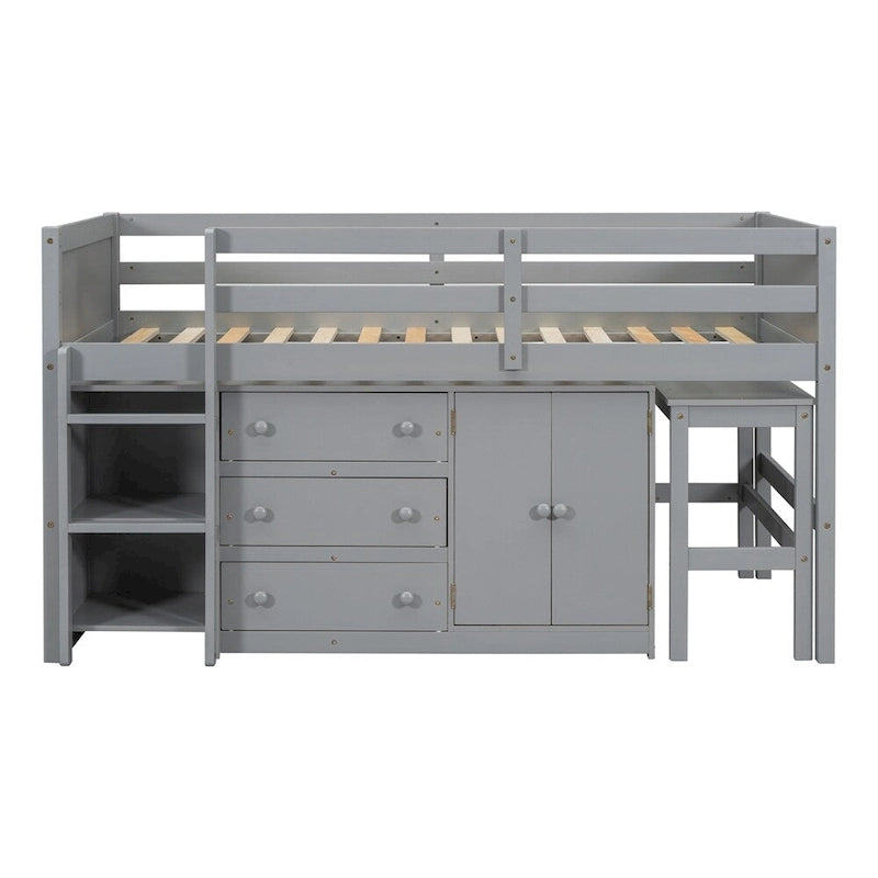 Lit mezzanine double en bois avec bureau coulissant, armoire et étagères