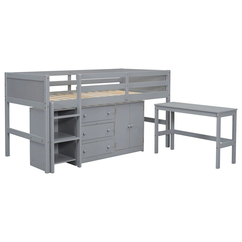 Lit mezzanine double en bois avec bureau coulissant, armoire et étagères