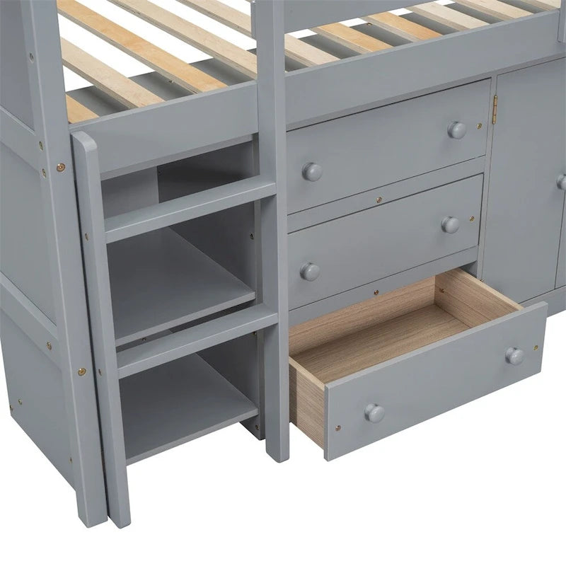 Lit mezzanine double en bois avec bureau coulissant, armoire et étagères