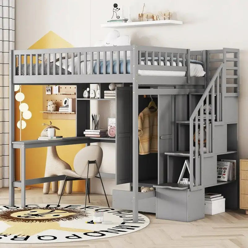 Wooden Full size Loft Bed with Bookshelf,Drawers,Desk,and Wardrobe