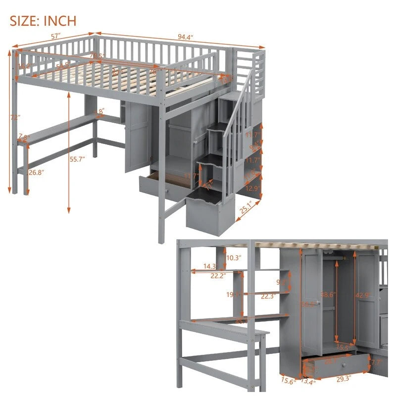 Wooden Full size Loft Bed with Bookshelf,Drawers,Desk,and Wardrobe