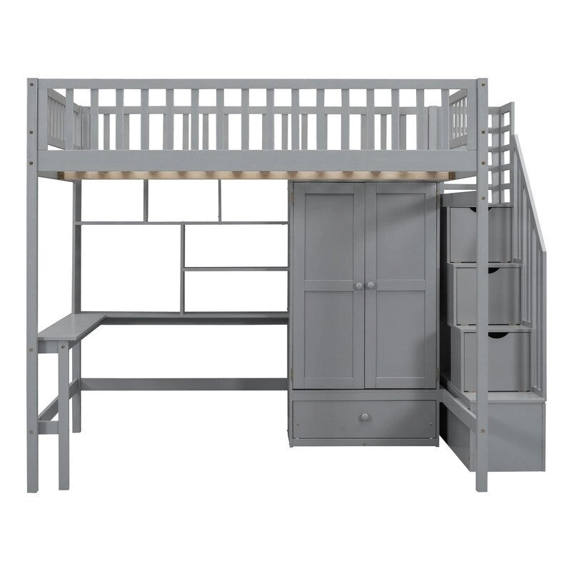 Wooden Full size Loft Bed with Bookshelf,Drawers,Desk,and Wardrobe