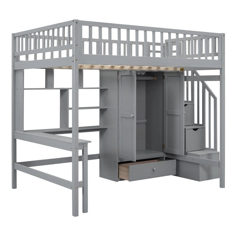 Wooden Full size Loft Bed with Bookshelf,Drawers,Desk,and Wardrobe