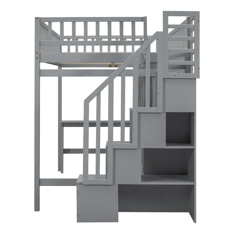 Wooden Full size Loft Bed with Bookshelf,Drawers,Desk,and Wardrobe