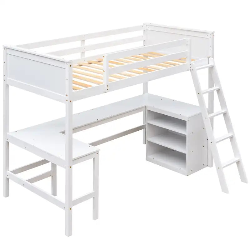 Lit superposé simple avec étagères et bureau pour enfants, adolescents et adultes, cadre de lit superposé en bois avec échelle inclinée et garde-corps de sécurité