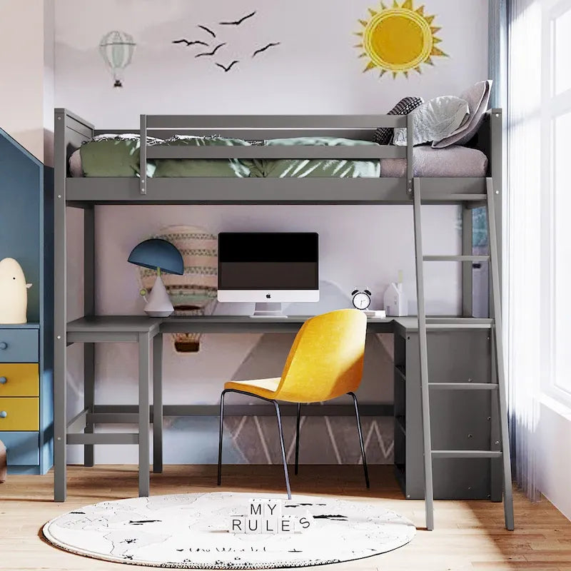 Lit superposé simple avec étagères et bureau pour enfants, adolescents et adultes, cadre de lit superposé en bois avec échelle inclinée et garde-corps de sécurité