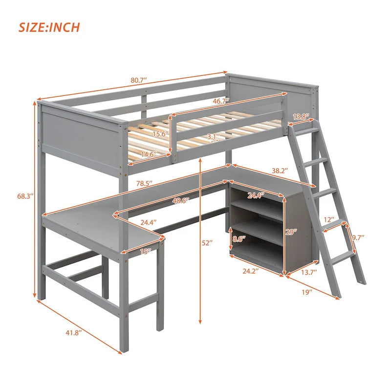 Lit superposé simple avec étagères et bureau pour enfants, adolescents et adultes, cadre de lit superposé en bois avec échelle inclinée et garde-corps de sécurité