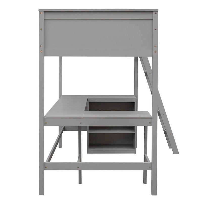 Lit superposé simple avec étagères et bureau pour enfants, adolescents et adultes, cadre de lit superposé en bois avec échelle inclinée et garde-corps de sécurité