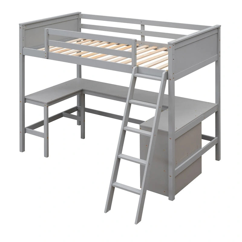 Lit superposé simple avec étagères et bureau pour enfants, adolescents et adultes, cadre de lit superposé en bois avec échelle inclinée et garde-corps de sécurité