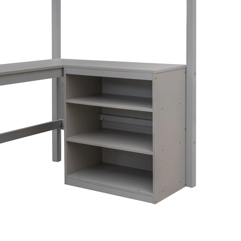 Lit superposé simple avec étagères et bureau pour enfants, adolescents et adultes, cadre de lit superposé en bois avec échelle inclinée et garde-corps de sécurité