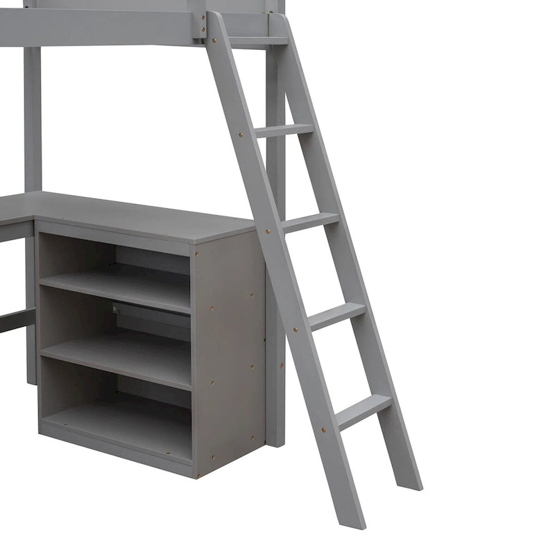 Lit superposé simple avec étagères et bureau pour enfants, adolescents et adultes, cadre de lit superposé en bois avec échelle inclinée et garde-corps de sécurité
