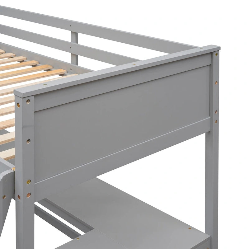 Lit superposé simple avec étagères et bureau pour enfants, adolescents et adultes, cadre de lit superposé en bois avec échelle inclinée et garde-corps de sécurité