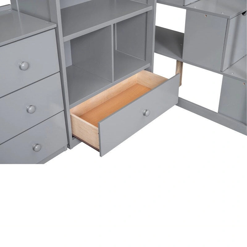 Twin Size Wooden Loft Bed with L-Shaped Desk and Drawers, Cabinet and Storage Staircase