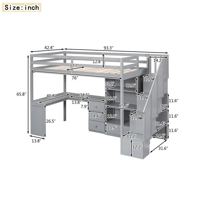 Twin Size Wooden Loft Bed with L-Shaped Desk and Drawers, Cabinet and Storage Staircase