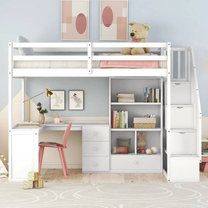 Twin Size Wooden Loft Bed with L-Shaped Desk and Drawers, Cabinet and Storage Staircase