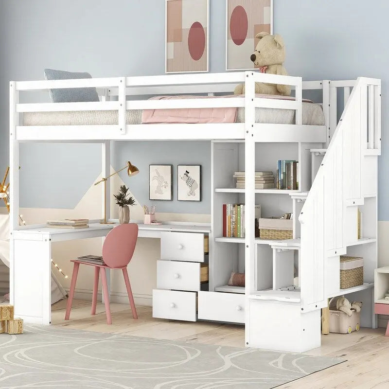 Twin Size Wooden Loft Bed with L-Shaped Desk and Drawers, Cabinet and Storage Staircase