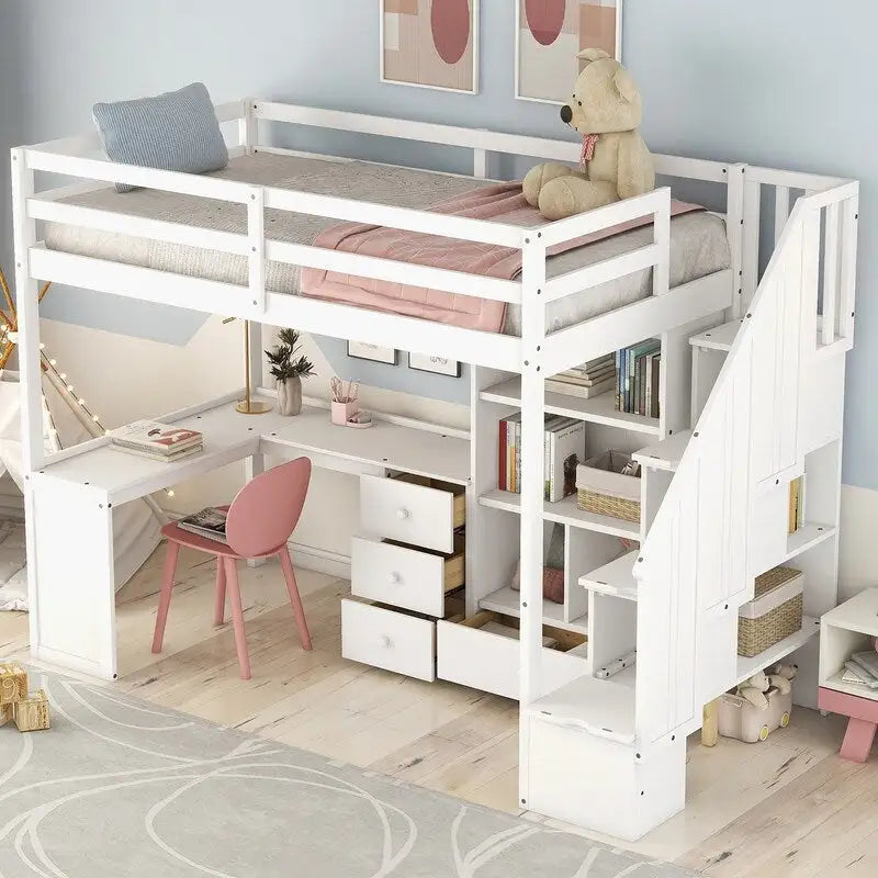 Twin Size Wooden Loft Bed with L-Shaped Desk and Drawers, Cabinet and Storage Staircase