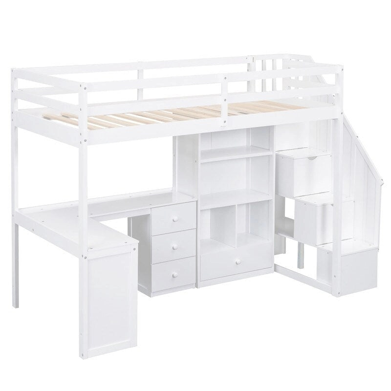 Twin Size Wooden Loft Bed with L-Shaped Desk and Drawers, Cabinet and Storage Staircase