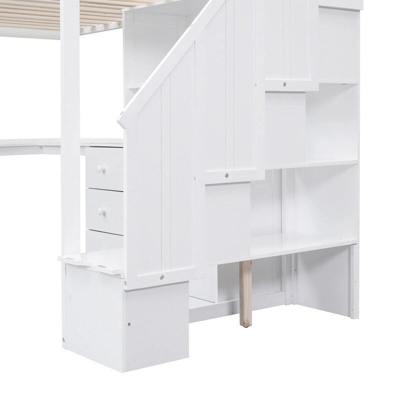 Twin Size Wooden Loft Bed with L-Shaped Desk and Drawers, Cabinet and Storage Staircase