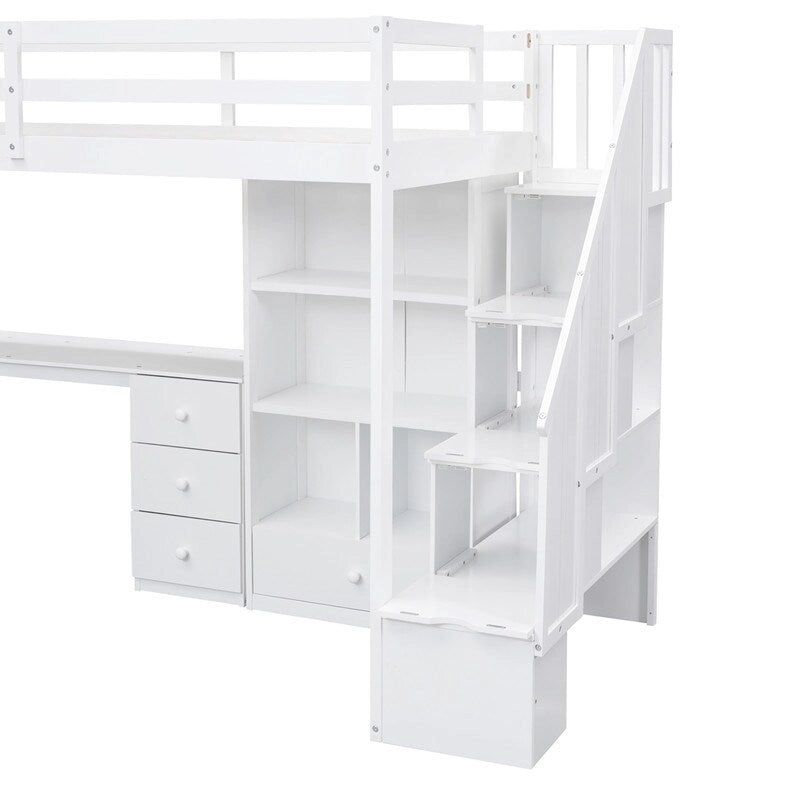 Twin Size Wooden Loft Bed with L-Shaped Desk and Drawers, Cabinet and Storage Staircase