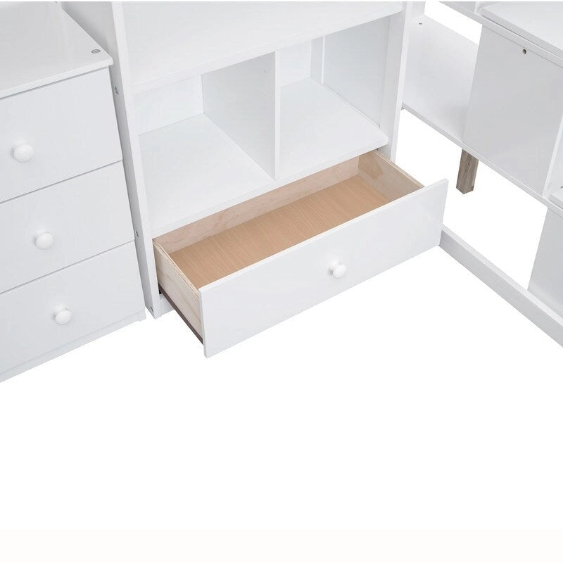 Twin Size Wooden Loft Bed with L-Shaped Desk and Drawers, Cabinet and Storage Staircase