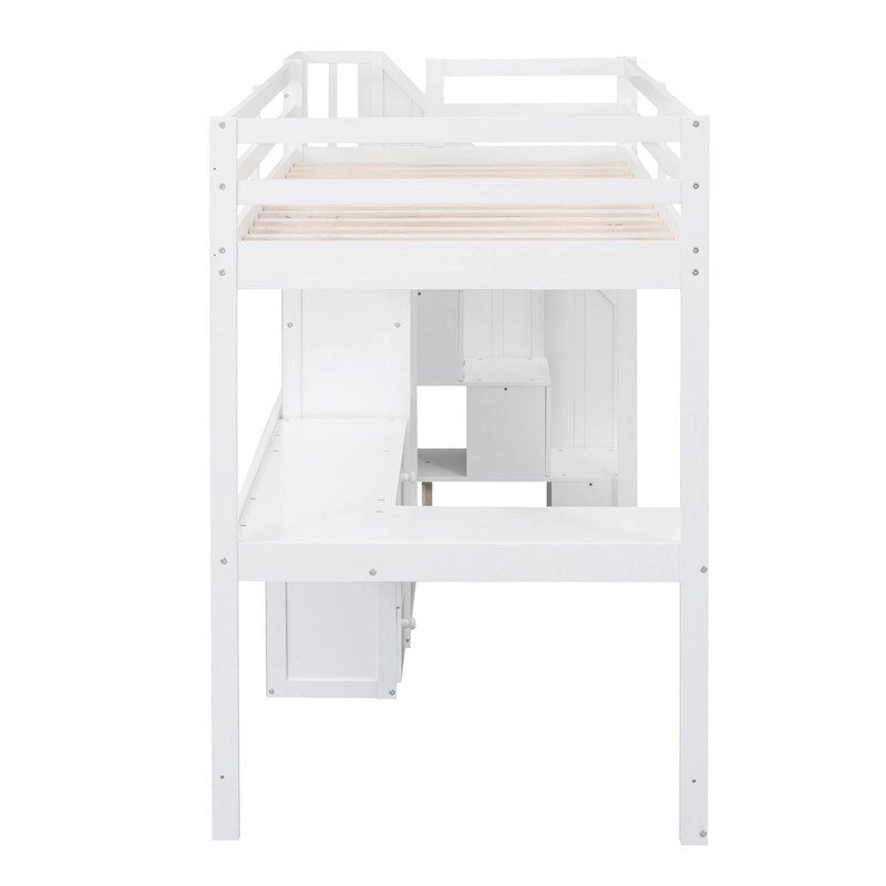 Twin Size Wooden Loft Bed with L-Shaped Desk and Drawers, Cabinet and Storage Staircase