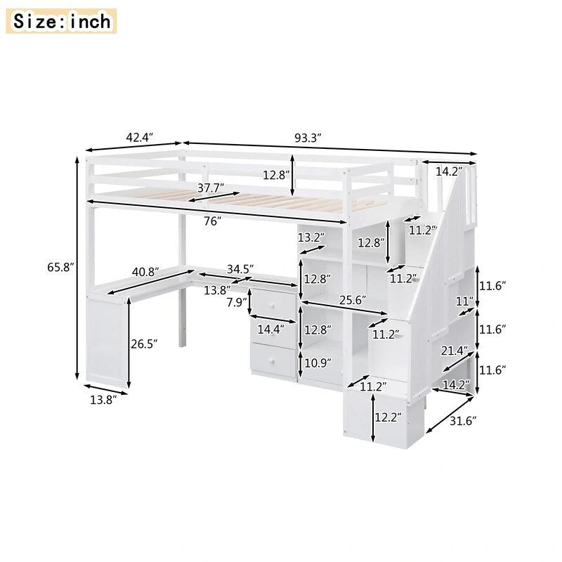 Twin Size Wooden Loft Bed with L-Shaped Desk and Drawers, Cabinet and Storage Staircase