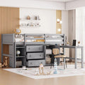 Low Loft Bed With Pull-Out Desk,Drawers,Cabinet and Shelves,Twin Size