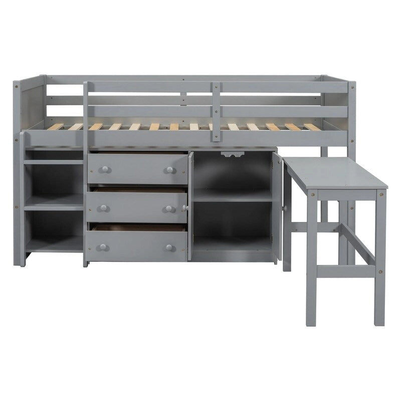 Low Loft Bed With Pull-Out Desk,Drawers,Cabinet and Shelves,Twin Size