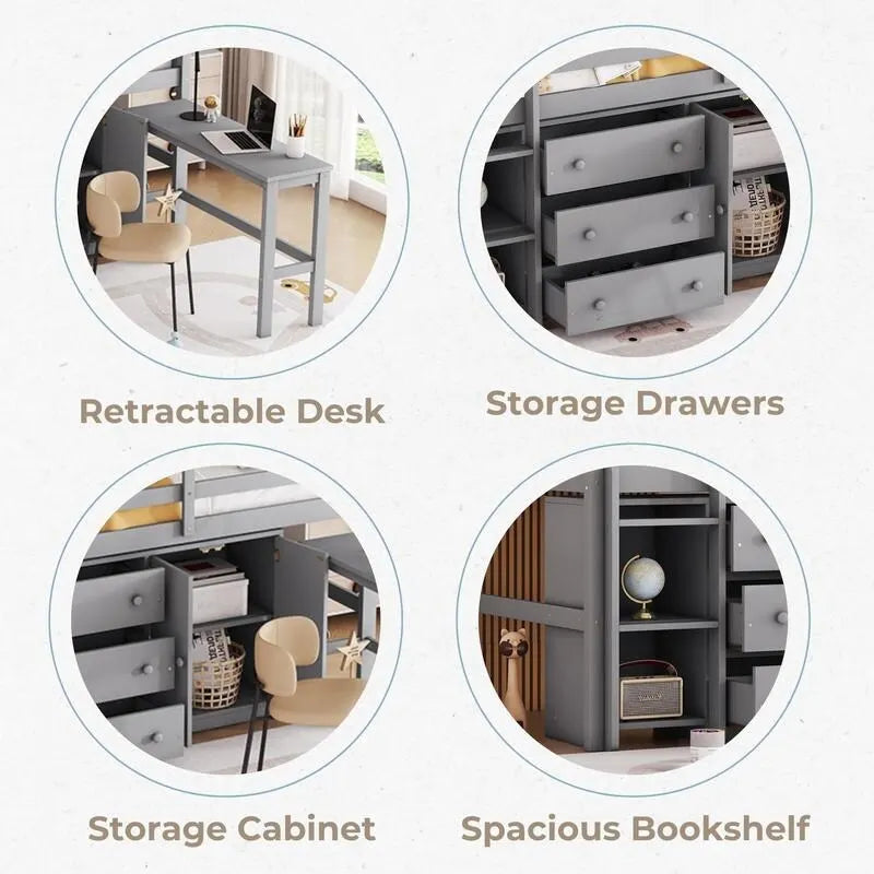 Low Loft Bed With Pull-Out Desk,Drawers,Cabinet and Shelves,Twin Size