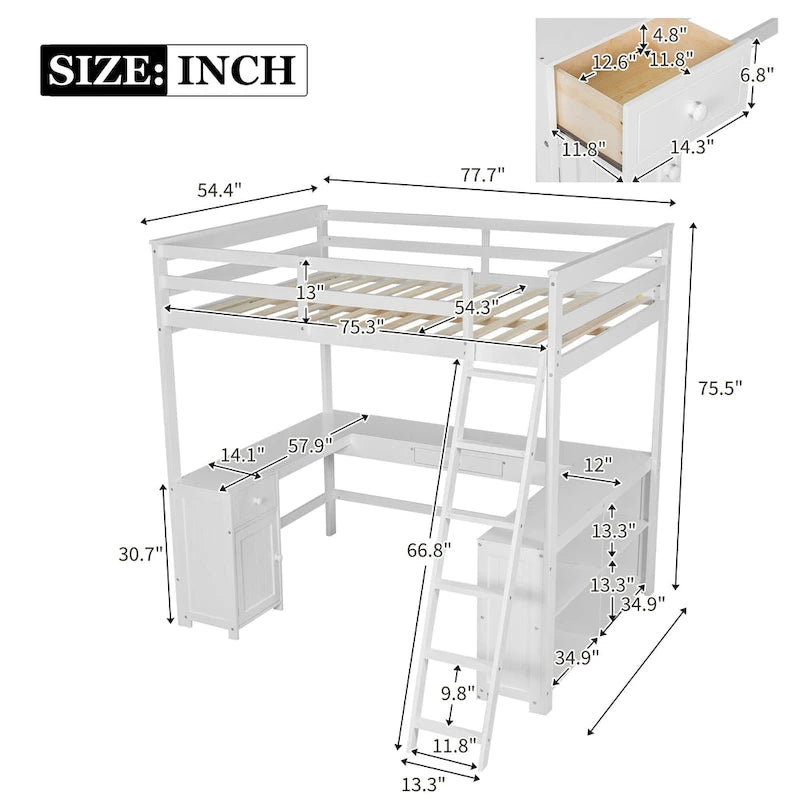 Full Size Loft Bed with U-shaped Desk