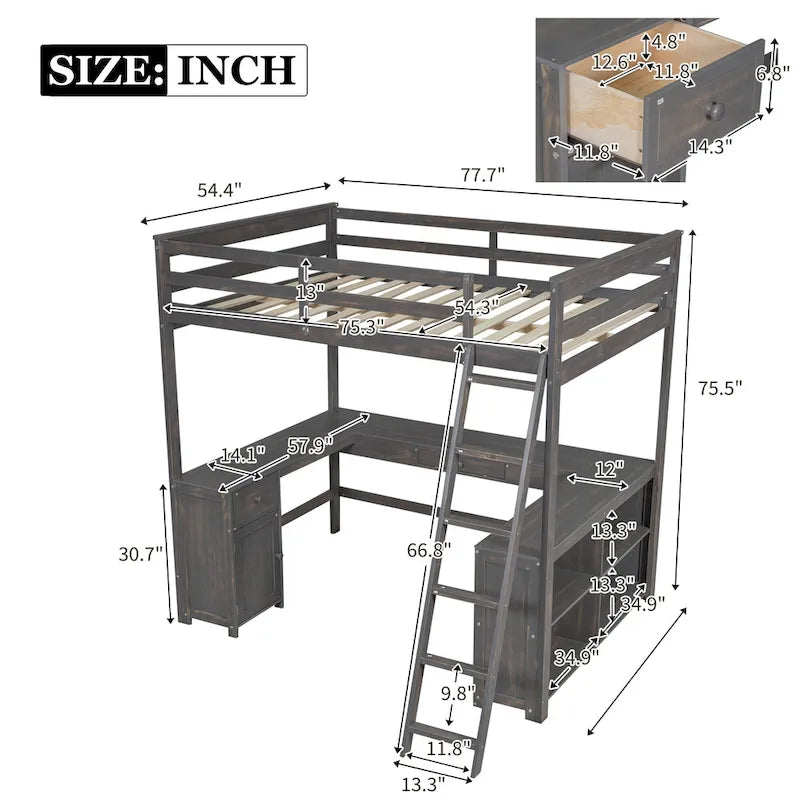 Full Size Loft Bed with U-shaped Desk