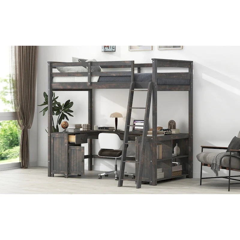 Full Size Loft Bed with U-shaped Desk