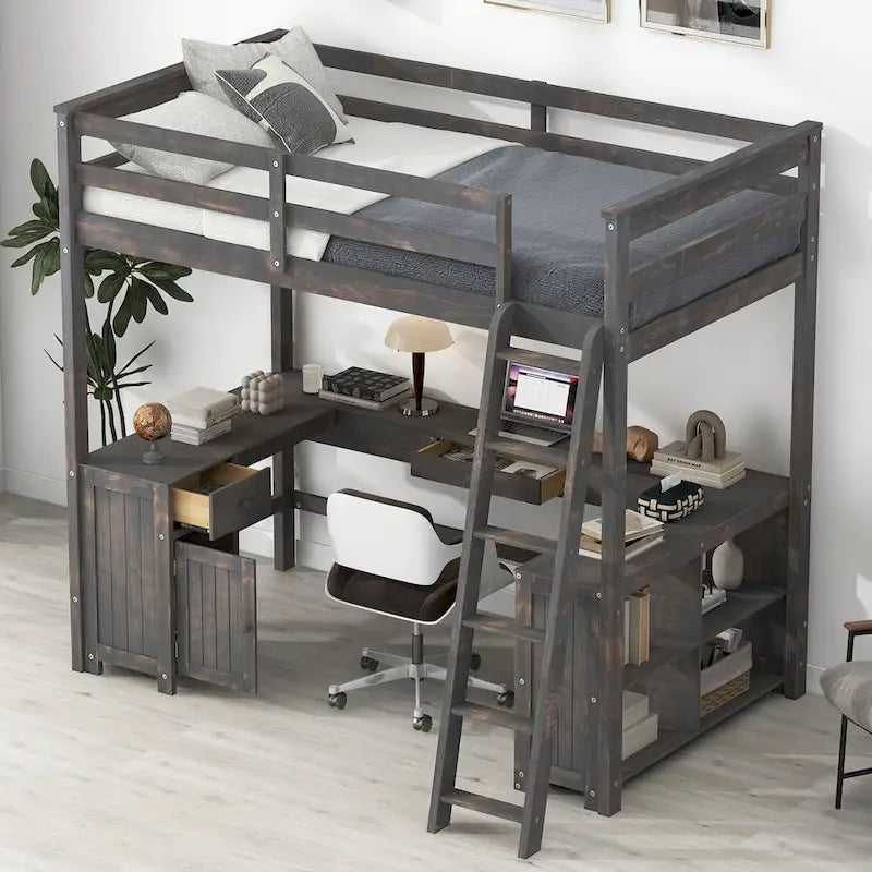 Full Size Loft Bed with U-shaped Desk