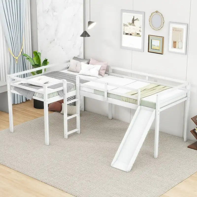 Twin Size L-Shaped Loft Bed with Ladder and Slide