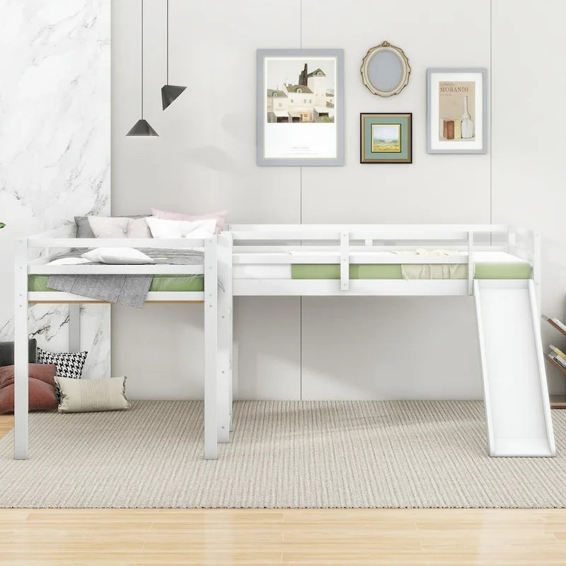 Twin Size L-Shaped Loft Bed with Ladder and Slide