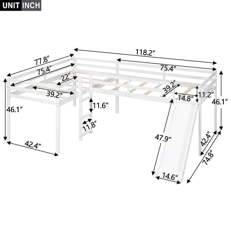 Twin Size L-Shaped Loft Bed with Ladder and Slide
