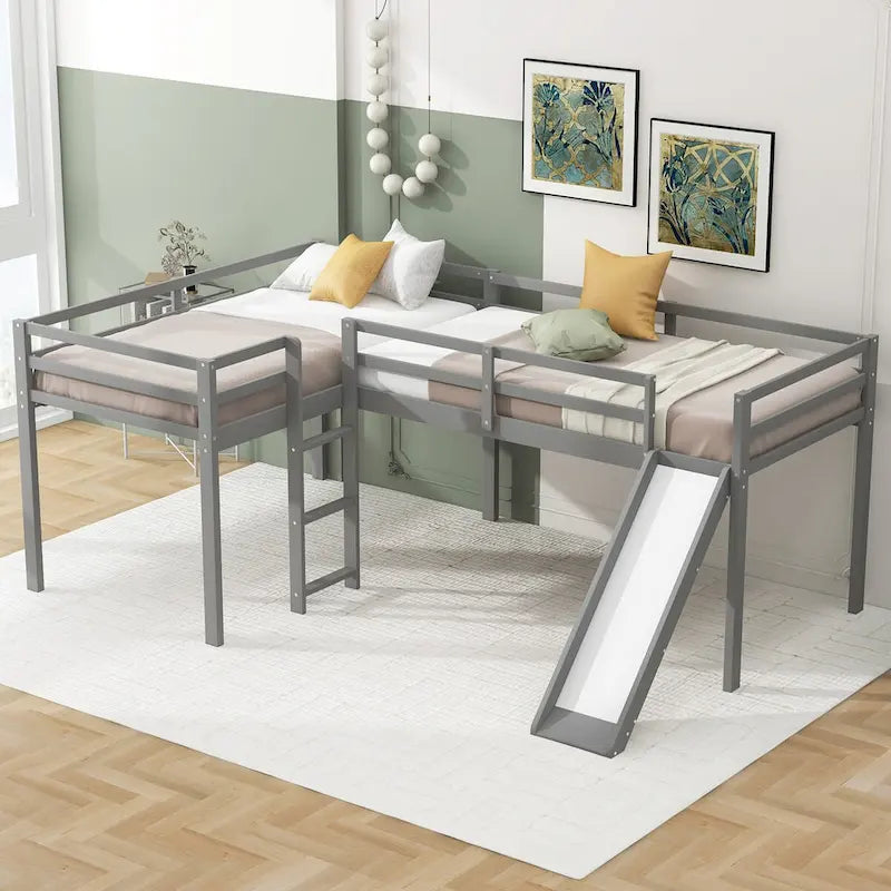 Twin Size L-Shaped Loft Bed with Ladder and Slide