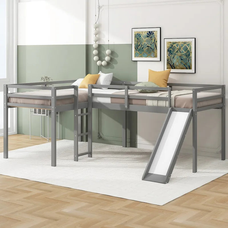 Twin Size L-Shaped Loft Bed with Ladder and Slide