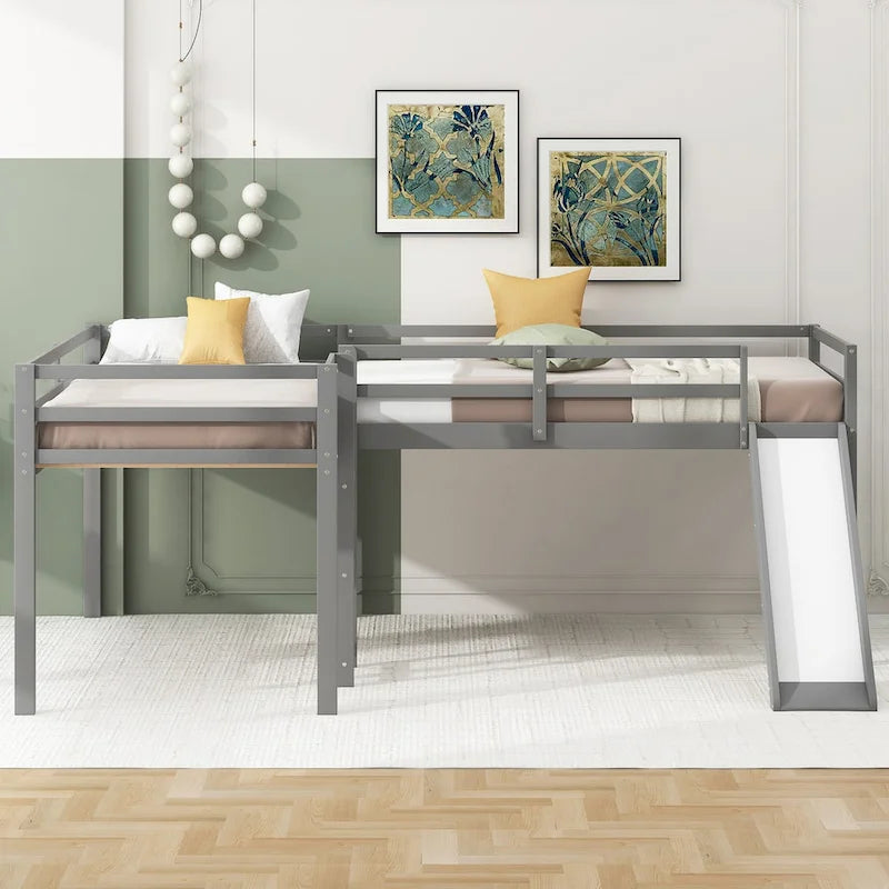 Twin Size L-Shaped Loft Bed with Ladder and Slide