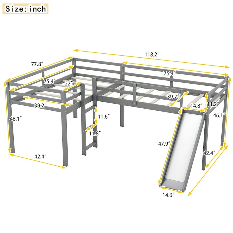 Twin Size L-Shaped Loft Bed with Ladder and Slide