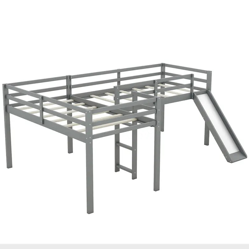 Twin Size L-Shaped Loft Bed with Ladder and Slide