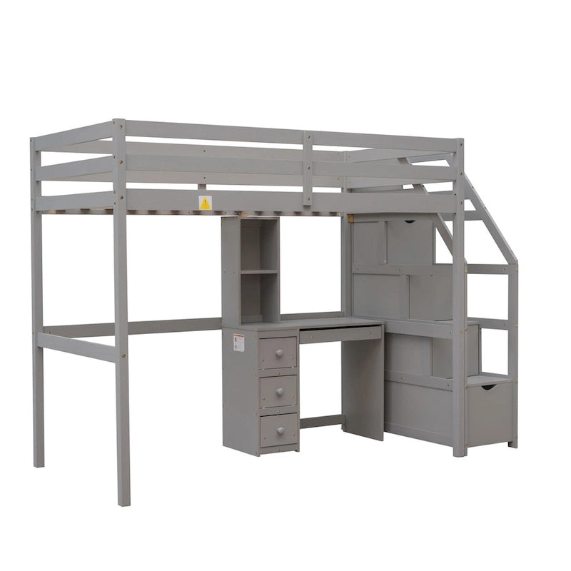 Gray Twin Pine Loft Bunk Bed with Storage Staircase, Desk, Shelves, Drawers