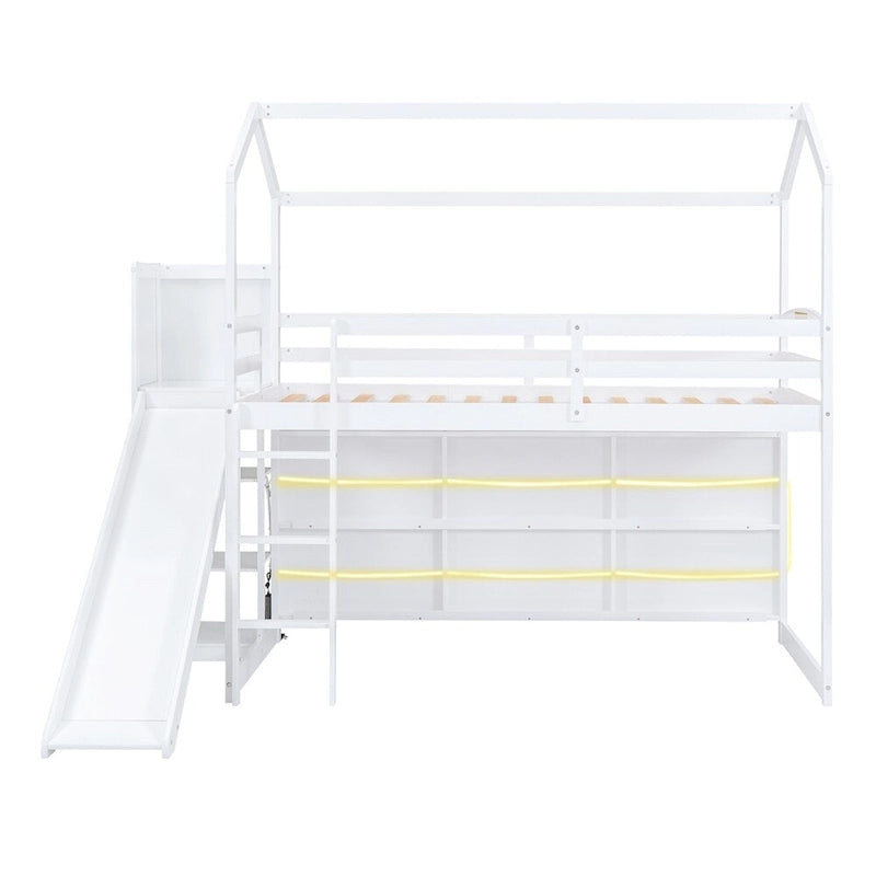 Twin Size Wood Loft Bed with Slide and Storage Shelves