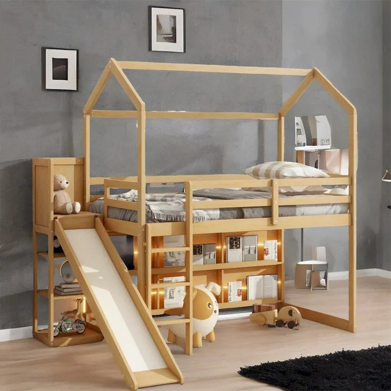 Twin Size Wood Loft Bed with Slide and Storage Shelves