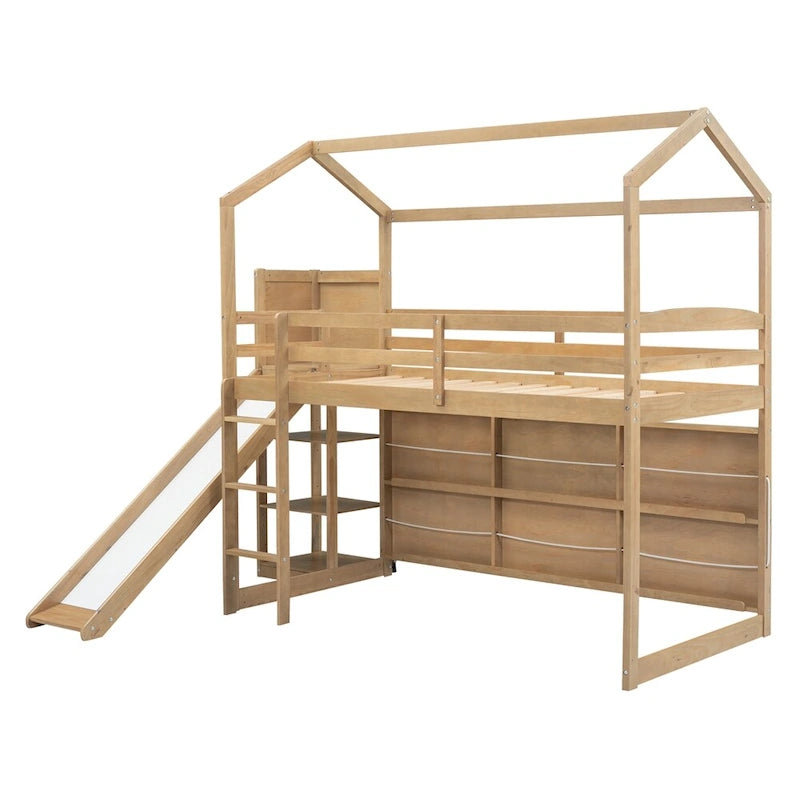 Twin Size Wood Loft Bed with Slide and Storage Shelves