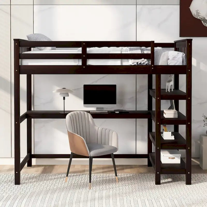 Pine Loft Bed with Storage Shelves
