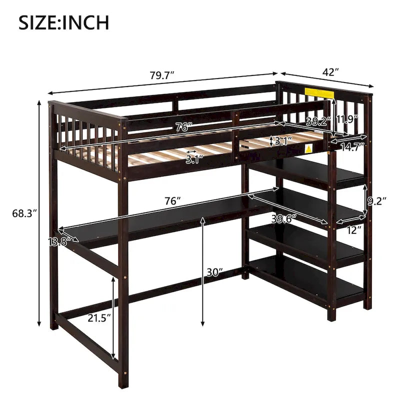 Pine Loft Bed with Storage Shelves